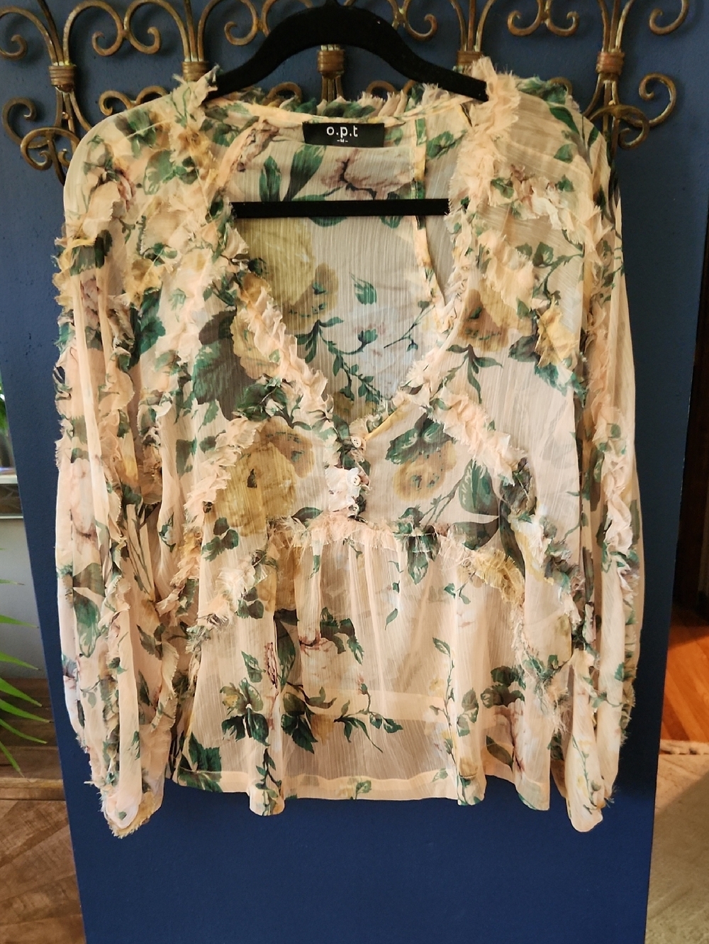 o.p.t. Anthropologie Coquette Sheer Floral Ruffle Babydoll Boho Cream and Green